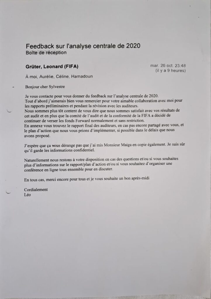 La lettre de félicitations de la FIFA à, la Fédération gabonaise de football. 